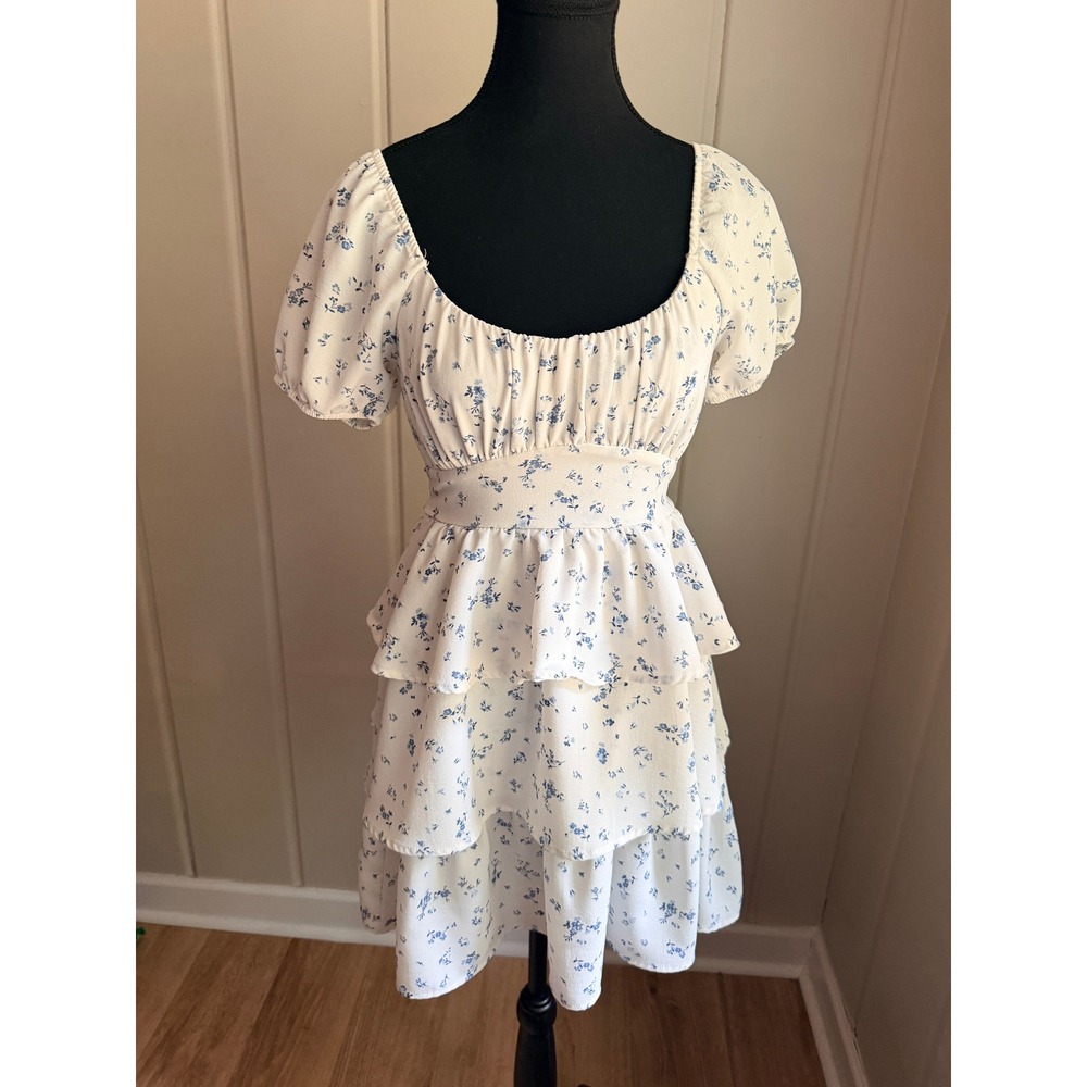 Originality Blue Floral Tiered Ruffle Mini Dress Cottagecore Puff Sleeve XS - Picture 6 of 6